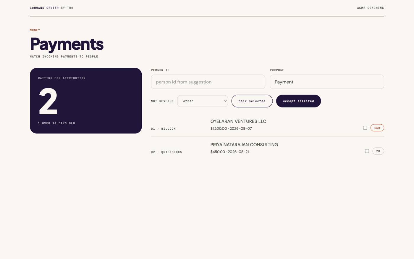 Command Center payments page: incoming payments waiting to be matched to people